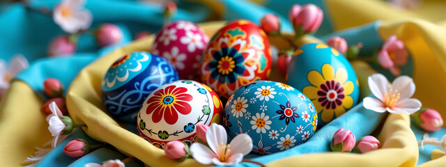 Obraz premium Ukraine Hand-Painted Easter Eggs in Yellow Fabric Bowl with Pink Flowers