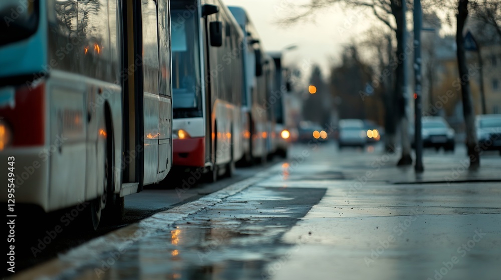 Poster city bus line station in colder weather with buses awaiting passengers on the street : generative ai