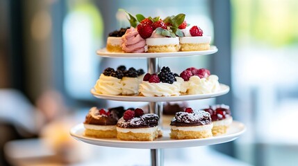 Delicious Assortment of Pastries and Cakes on a Three Tier Display Stand : Generative AI