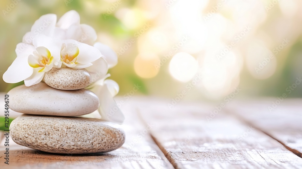 Poster balanced rocks surrounded by beautiful white orchids and soft green background in natural light : ge
