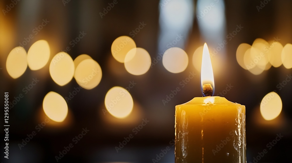Poster closeup view of a glowing candle flame against a backdrop of blurred golden lights for a serene ambi