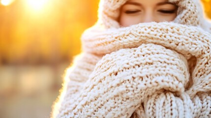 Smiling woman wrapped in soft sweater enjoying warmth on a sunny autumn day outdoors : Generative AI