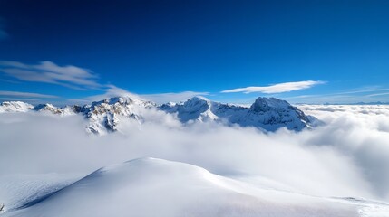 Fototapeta premium Stunning Snowy Mountain Landscape with Clear Blue Sky and Billowing Clouds : Generative AI