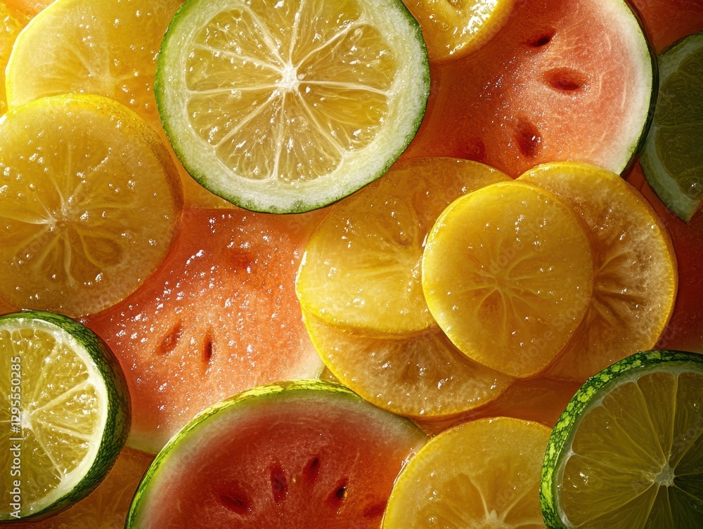 Poster refreshing citrus and watermelon slices in a vibrant close-up still life displaying summer flavors a