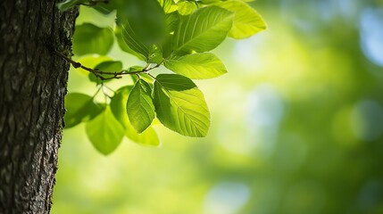 Vibrant green leaves illuminated by sunlight against textured tree bark in a lush forest setting : Generative AI
