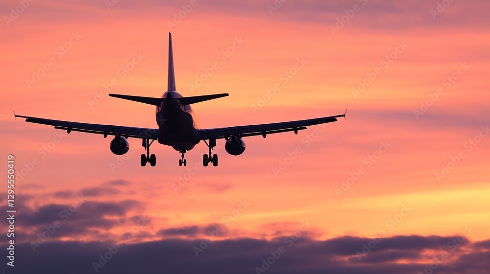 Poster silhouette of airplane landing against a colorful sunset sky during evening hours : generative ai