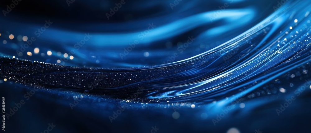 Poster abstract blue wave patterns with shimmering particles creating a serene atmosphere
