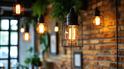 Warm Edison Bulbs Illuminate Brick Wall Interior Design