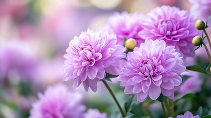 Obraz premium Vibrant bouquet of soft purple dahlias blooming beautifully in a tranquil garden with blurred background : Generative AI