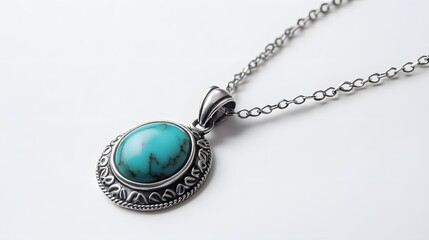 A detailed image of a silver necklace with a turquoise pendant, lying flat on a white surface