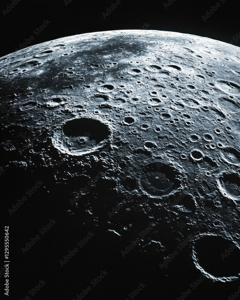 Poster detailed lunar surface with craters and textures creating a dramatic celestial view from space explo