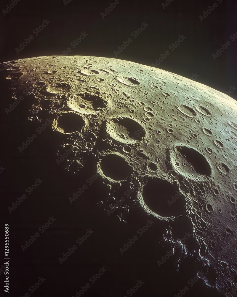 Poster lunar surface close up view with impact craters and textured terrain in deep space exploration