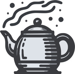 A stylish teapot releasing steam, set against a minimalist kitchen backdrop with subtle decor