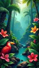 Tropical jungle with exotic plants and colorful flowers, branch, nature, tree