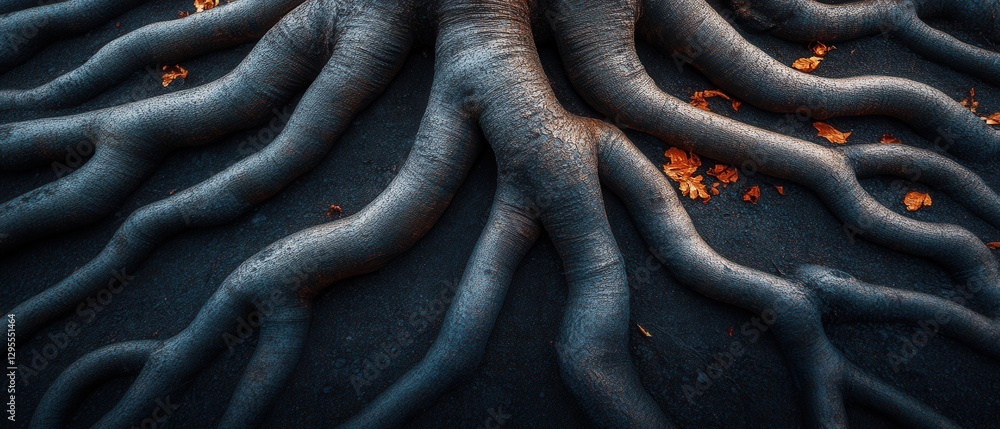 Poster captivating tree root system displaying intricate patterns and textures amidst fallen leaves in an a