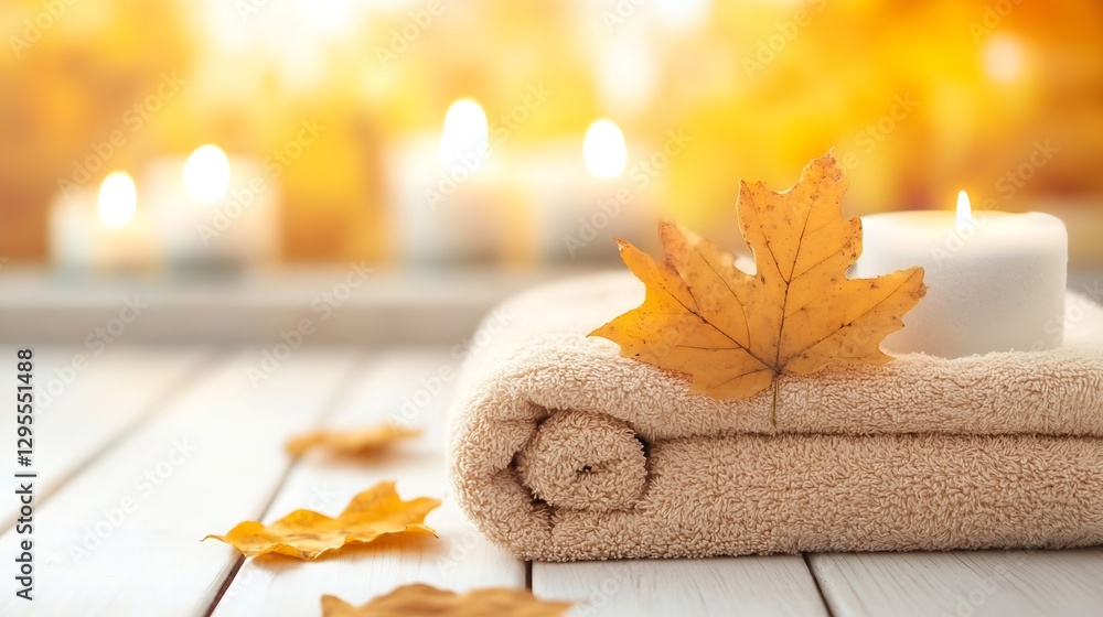 Aufkleber Autumn Spa Setting with Maple Leaves and Relaxing Candle on Soft Towel : Generative AI