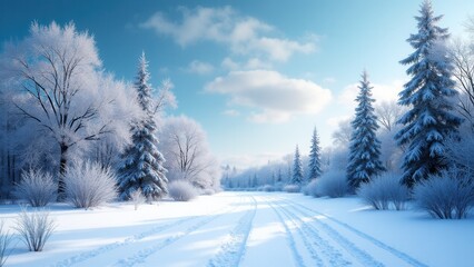 Fototapeta premium A serene winter landscape with snow-covered trees and a clear blue sky, perfect for winter themes.