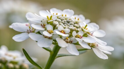 Fototapeta premium Blooming Candytuft: An enchanting close-up reveals the delicate beauty of candytuft blossoms in full bloom, their pristine white petals creating a captivating floral display.