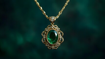 Fototapeta premium A royal emerald pendant necklace with an intricate gold chain, displayed against a dark green background