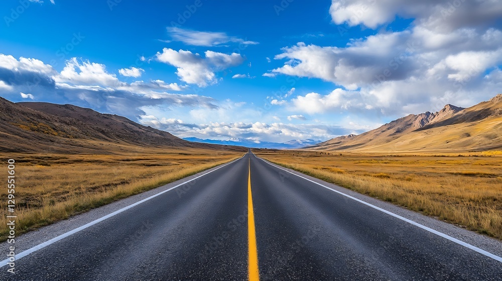 Poster scenic open highway stretching toward majestic mountains under a bright blue sky with fluffy clouds 