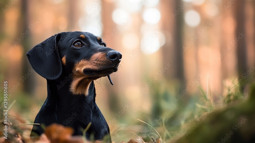 Aufkleber Adorable Dachshund Dog Sitting in a Beautiful Forest Setting with Soft Focus Background : Generative AI