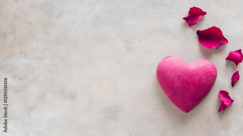 Poster soft pink heart shaped stone accompanied by rose petals on a rustic background : generative ai