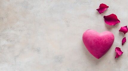 Fototapeta premium Soft pink heart shaped stone accompanied by rose petals on a rustic background : Generative AI