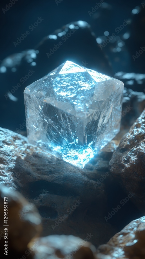 Poster luminous crystal cube resting on rock formation with a dark background creating a mystical ambiance 