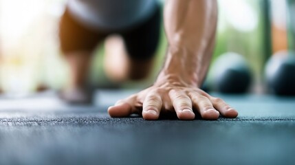 Obraz premium Athlete performing pushups on a gym floor emphasizing strength training and physical endurance : Generative AI