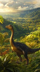 Long Necked Dinosaur in Lush Tropical Valley at Sunset