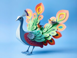 Fototapeta premium Delicate Paper Peacock with Vivid Feather Details, Featuring a Tiny Bird Resting on Its Tail