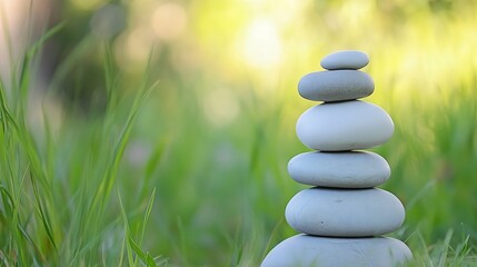 Obraz premium Stacked smooth stones on grass for balance harmony and meditation in nature : Generative AI