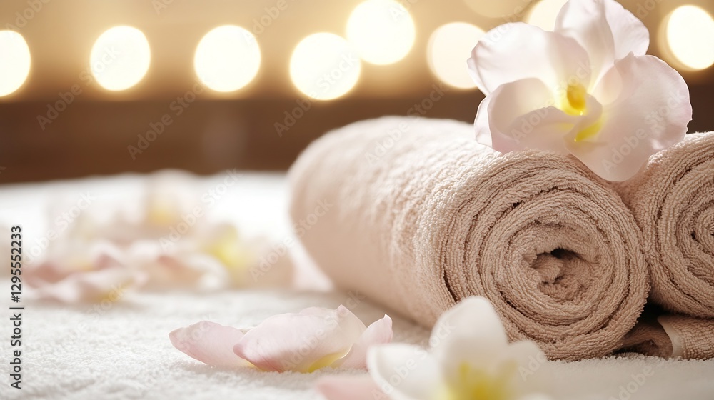 Poster spa setting with soft towels and beautiful flower petals for ultimate relaxation : generative ai