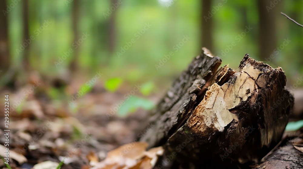 Poster closeup view of a cut tree stump surrounded by lush green foliage in a vibrant forest setting : gene