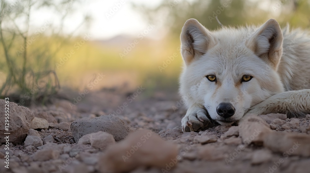 Poster close up of a beautiful arctic fox resting on rocks showing its captivating eyes and detailed fur : 