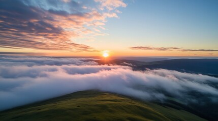 Fototapeta premium Stunning Sunrise Over Rolling Hills and Fog Creating a Dreamy Landscape : Generative AI