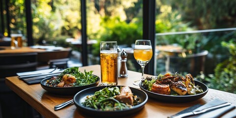 Restaurant Meal with Garden View: Three Plates of Food, Beer and Wine on Wooden Table