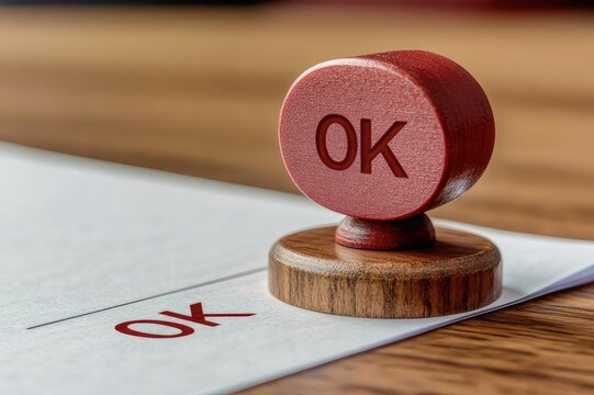 A red rubber stamp imprinting the word "OK" on a document.