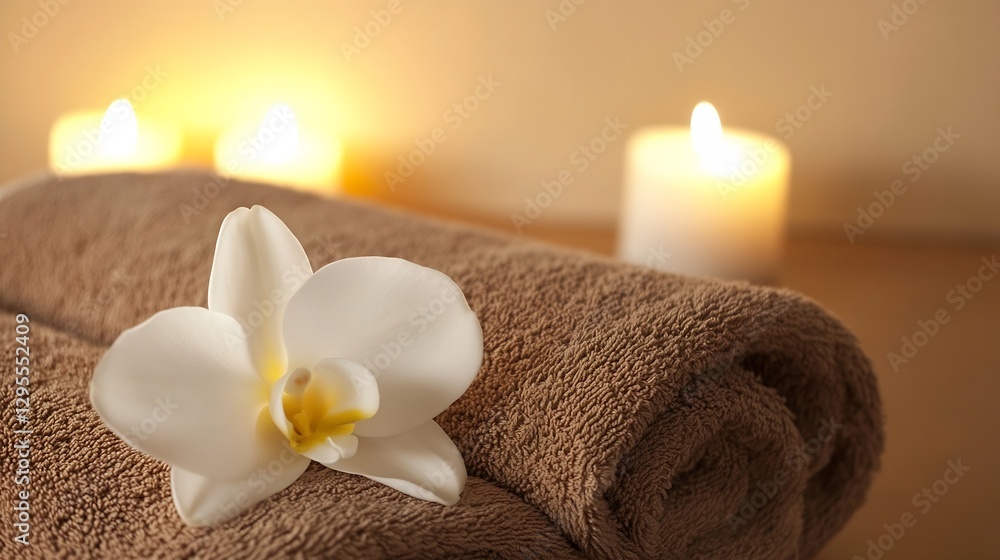 Poster Relaxing Spa Setup With Towels And Orchid Flower And Soft Candles : Generative AI