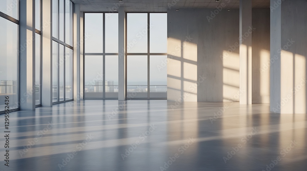Poster spacious empty interior with large windows showcasing a beautiful urban skyline and soft shadows : g