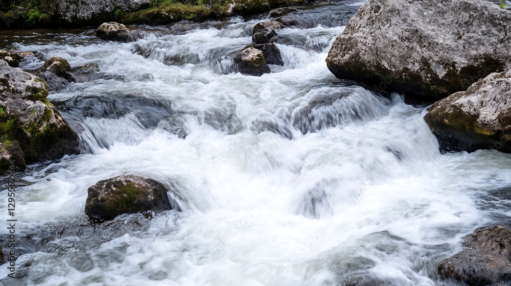 Poster Captivating image of a flowing river over rocks in a picturesque natural setting with soft white water : Generative AI