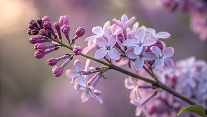 Obraz premium Lilac Branch: A close-up of a vibrant lilac branch in full bloom, showcasing delicate purple and lavender flowers against a soft, blurred background.