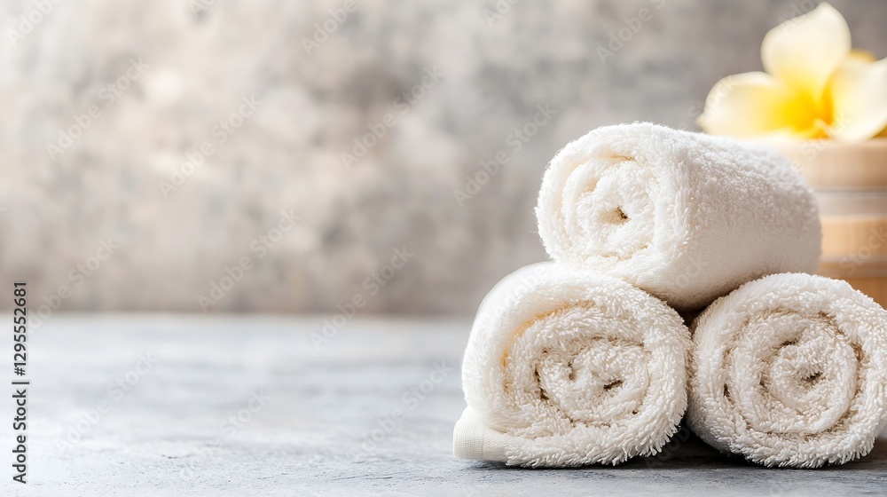 Poster soft rolled white towels with delicate flower on textured background symbolizing relaxation and well