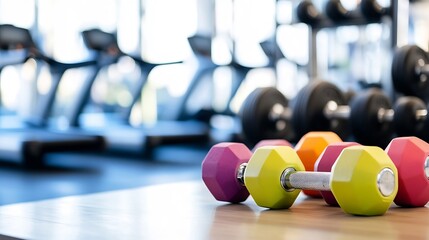 Colorful dumbbells arranged neatly on a wooden surface in a bright gym setting : Generative AI