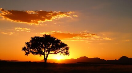 Fototapeta premium Stunning Sunset Silhouette of a Lone Tree Against Fiery Orange Sky in Nature : Generative AI