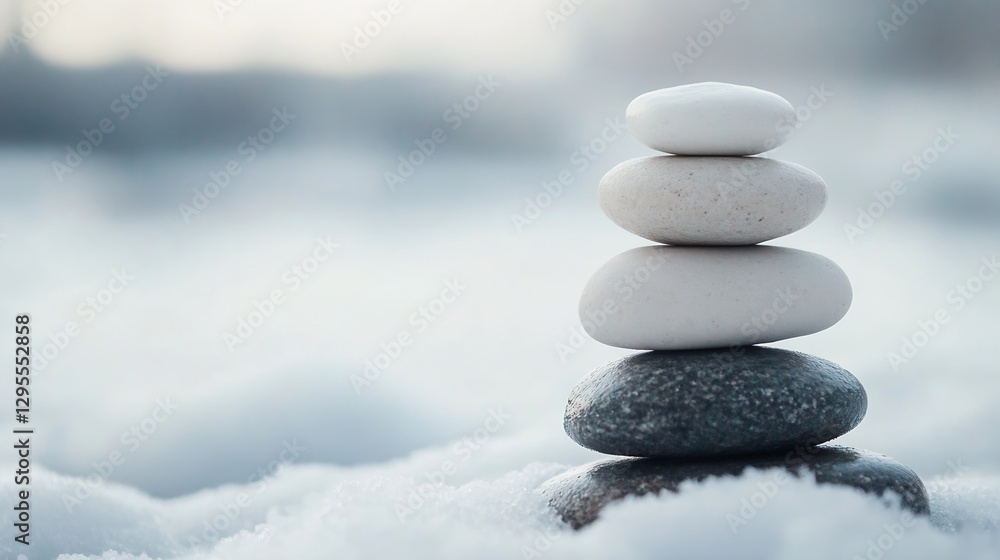 Poster Zen garden with stacked stones symbolizing balance and tranquility against a soft snow background creating a peaceful scene : Generative AI