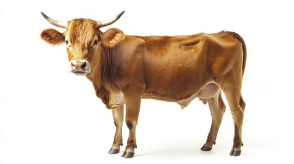 Brown Jersey Cow Standing Tall in a White Background Studio Shot with Bright Lighting and a Front View Capturing its Natural Beauty and Calm Expression