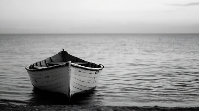 Vintage wooden boat resting peacefully on calm waters showcasing the beauty of simplicity and stillness : Generative AI
