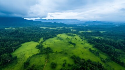 Obraz premium Breathtaking Aerial View of Lush Green Fields and Mountain Landscape Under a Dramatic Sky : Generative AI