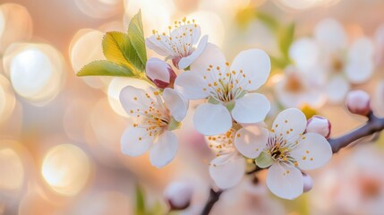 Blooming tree branch displays delicate white flowers in soft light